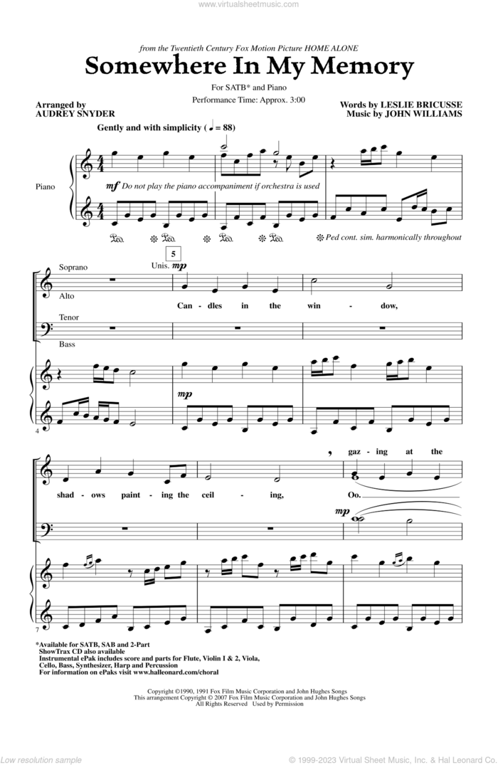 Somewhere In My Memory (from Home Alone) (arr. Audrey Snyder) sheet music for choir (SATB: soprano, alto, tenor, bass) by John Williams, Audrey Snyder and Leslie Bricusse, intermediate skill level