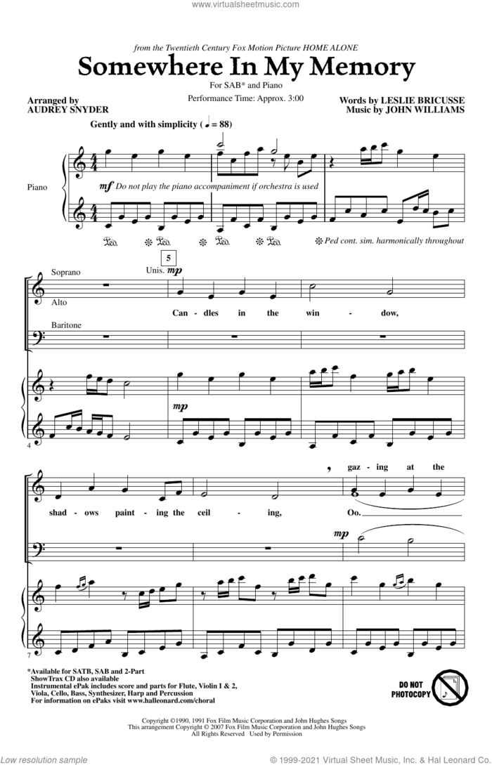 Somewhere In My Memory (from Home Alone) (arr. Audrey Snyder) sheet music for choir (SAB: soprano, alto, bass) by John Williams, Audrey Snyder and Leslie Bricusse, intermediate skill level