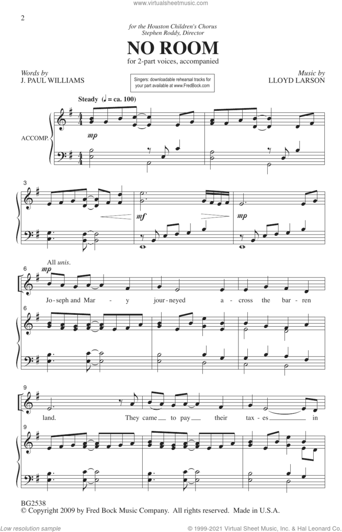 No Room sheet music for choir (2-Part) by J. Paul Williams and Lloyd Larson, J. Paul Williams and Lloyd Larson, intermediate duet