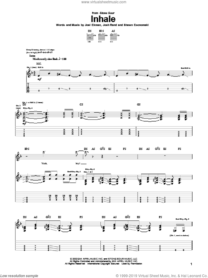 Inhale sheet music for guitar (tablature) by Stone Sour, Joel Ekman, Josh Rand and Shawn Economaki, intermediate skill level