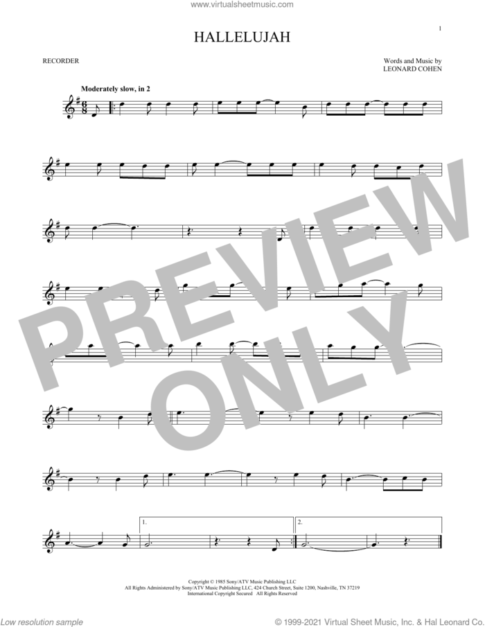Hallelujah sheet music for recorder solo by Leonard Cohen, intermediate skill level