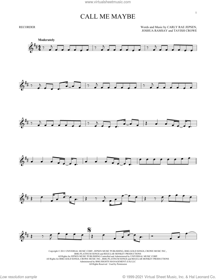 Call Me Maybe sheet music for recorder solo by Carly Rae Jepsen, Joshua Ramsay and Tavish Crowe, intermediate skill level