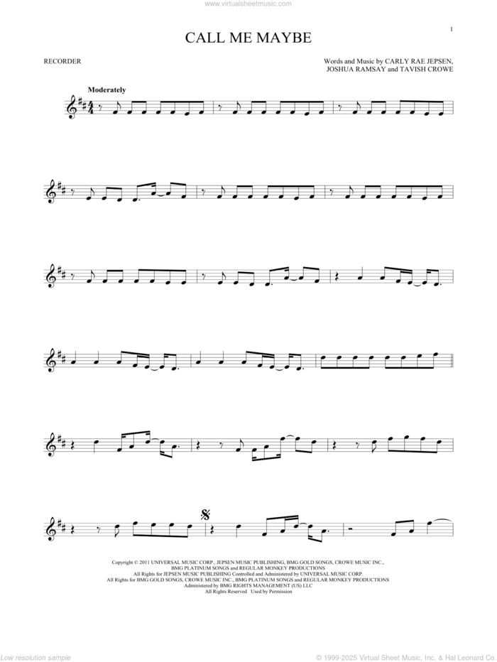 Call Me Maybe sheet music for recorder solo by Carly Rae Jepsen, Joshua Ramsay and Tavish Crowe, intermediate skill level