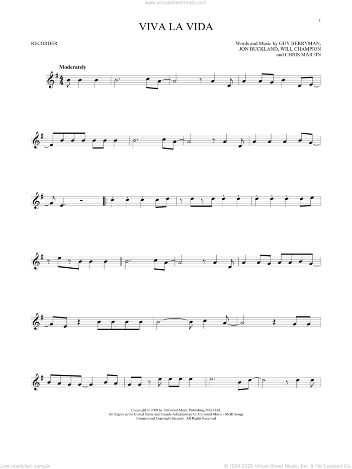 Viva La Vida sheet music for recorder solo by Coldplay, Chris Martin, Guy Berryman, Jon Buckland and Will Champion, intermediate skill level