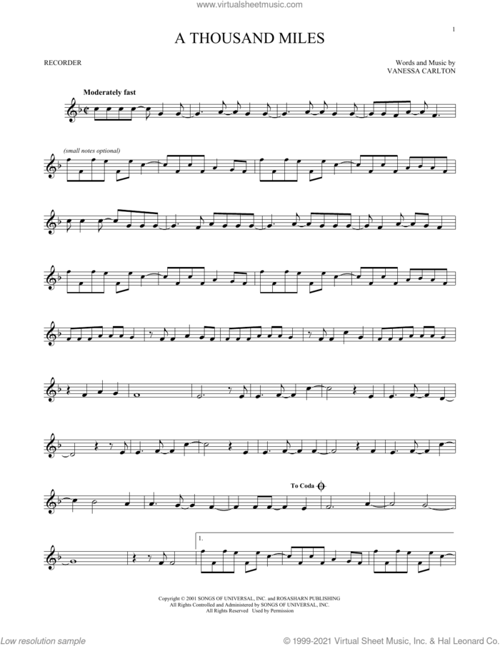 A Thousand Miles sheet music for recorder solo by Vanessa Carlton, intermediate skill level