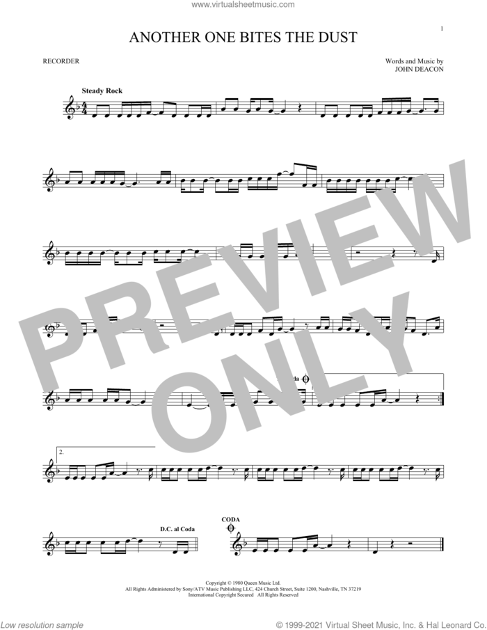 Another One Bites The Dust sheet music for recorder solo by Queen and John Deacon, intermediate skill level