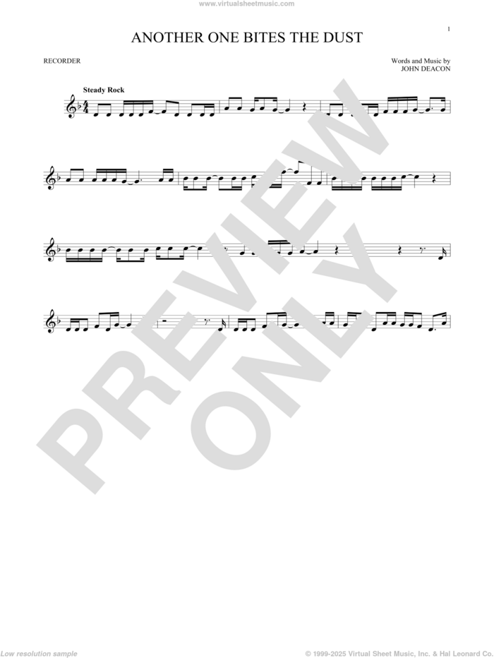 Another One Bites The Dust sheet music for recorder solo by Queen and John Deacon, intermediate skill level