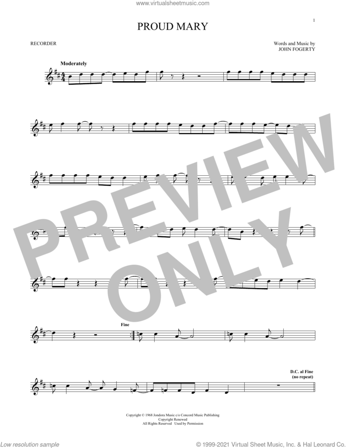 Proud Mary sheet music for recorder solo by Ike & Tina Turner and John Fogerty, intermediate skill level