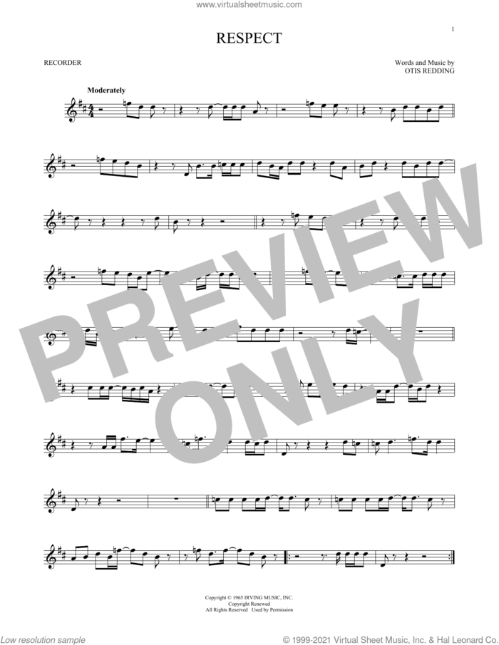 Respect sheet music for recorder solo by Aretha Franklin and Otis Redding, intermediate skill level
