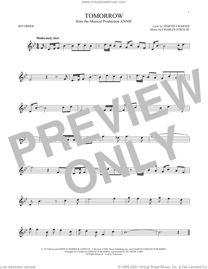Tomorrow sheet music for recorder solo by Charles Strouse and Martin Charnin, intermediate skill level