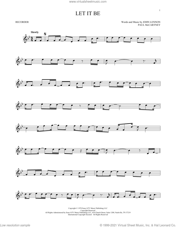 Let It Be sheet music for recorder solo by The Beatles, John Lennon and Paul McCartney, intermediate skill level