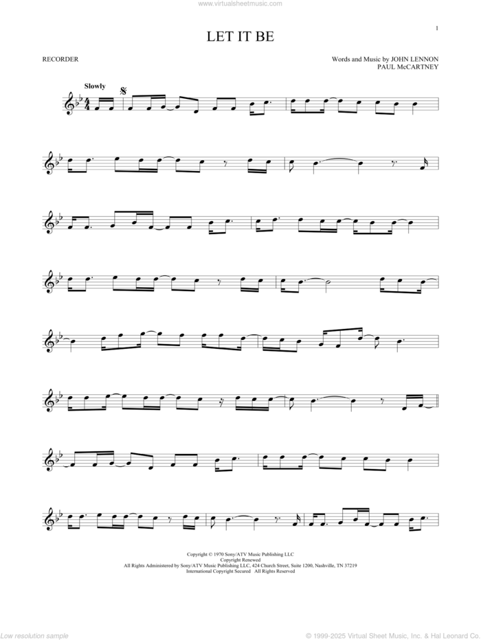 Let It Be sheet music for recorder solo by The Beatles, John Lennon and Paul McCartney, intermediate skill level