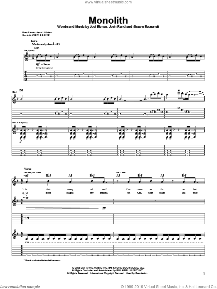 Monolith sheet music for guitar (tablature) by Stone Sour, Joel Ekman, Josh Rand and Shawn Economaki, intermediate skill level