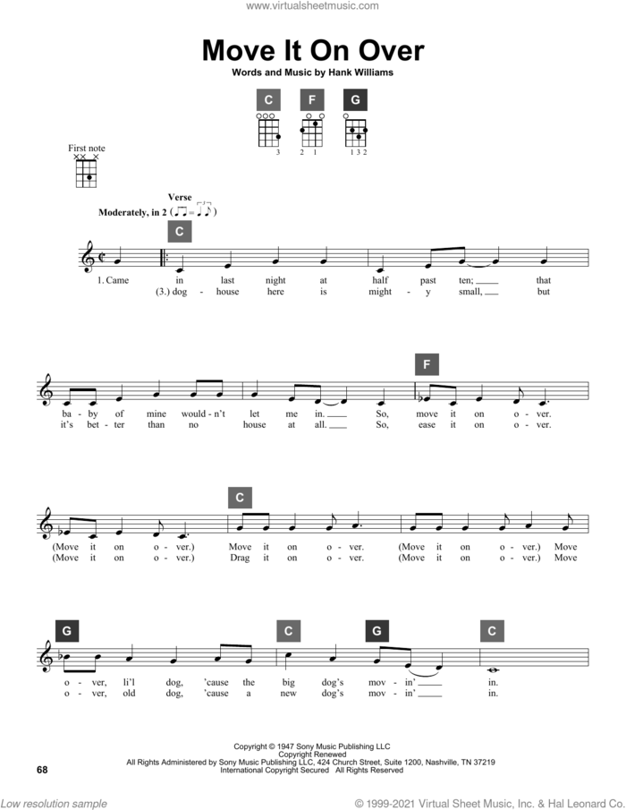 Move It On Over sheet music for ukulele solo (ChordBuddy system) by Hank Williams, Buddy Alan, George Thorogood, Hank Williams, Jr., Travis Tritt and Willie Nelson, intermediate ukulele (ChordBuddy system)