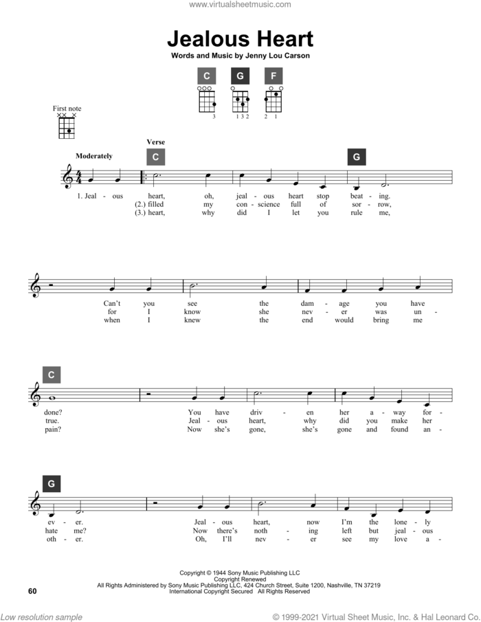 Jealous Heart sheet music for ukulele solo (ChordBuddy system) by Tex Ritter, Al Morgan and Jenny Lou Carson, intermediate ukulele (ChordBuddy system)