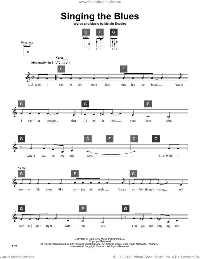 Singing The Blues sheet music for ukulele solo (ChordBuddy system) by Guy Mitchell, Marty Robbins and Melvin Endsley, intermediate ukulele (ChordBuddy system)