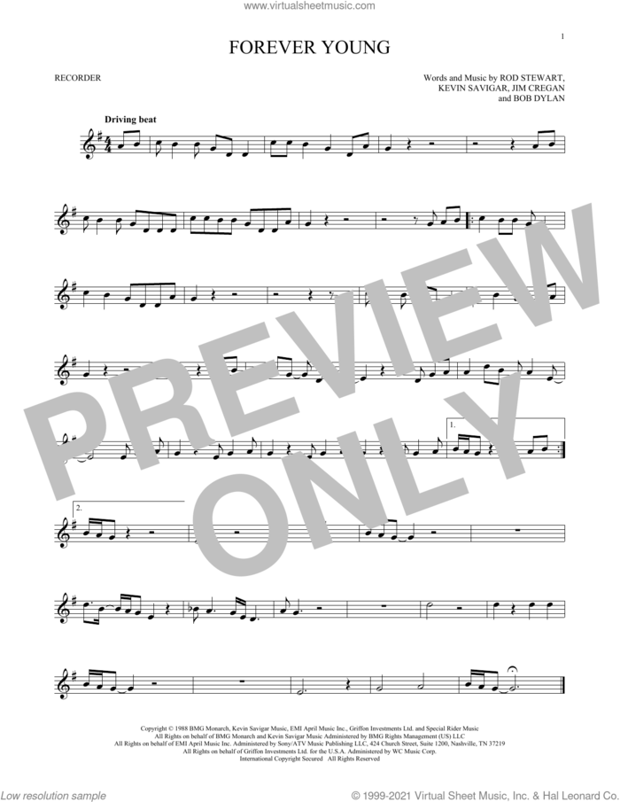 Forever Young sheet music for recorder solo by Rod Stewart, Bob Dylan, Jim Cregan and Kevin Savigar, intermediate skill level