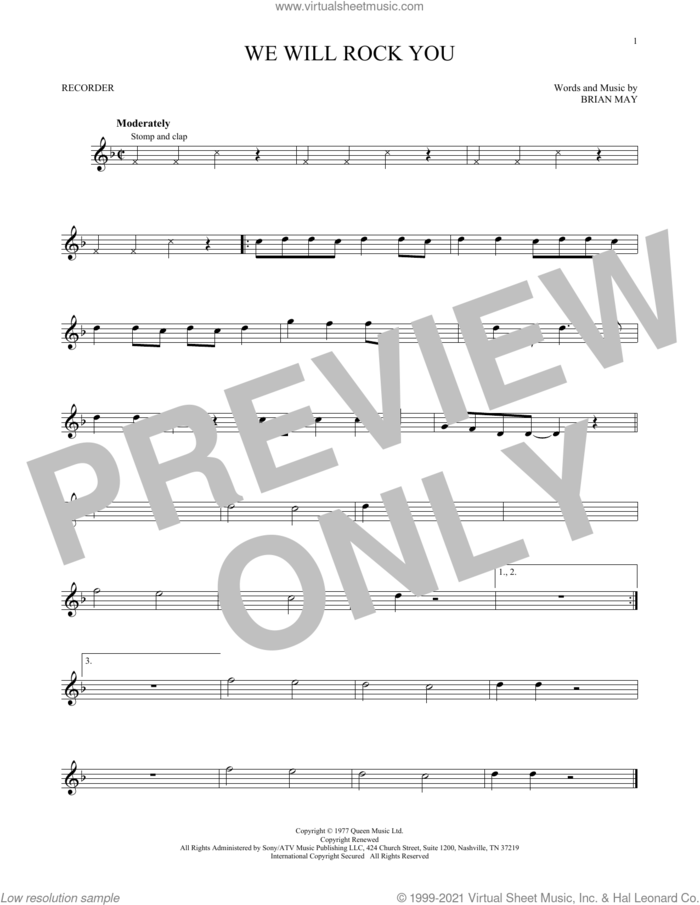We Will Rock You sheet music for recorder solo by Queen and Brian May, intermediate skill level