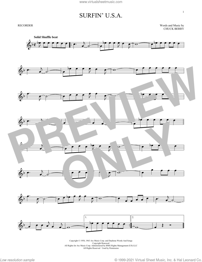 Surfin' U.S.A. sheet music for recorder solo by The Beach Boys and Chuck Berry, intermediate skill level