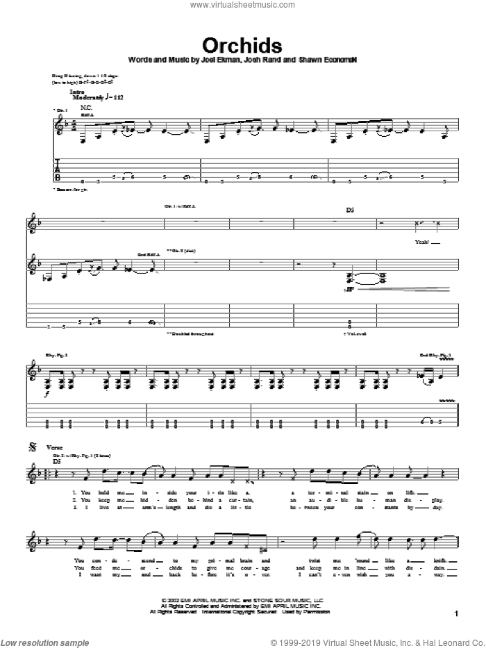 Orchids sheet music for guitar (tablature) by Stone Sour, Joel Ekman, Josh Rand and Shawn Economaki, intermediate skill level