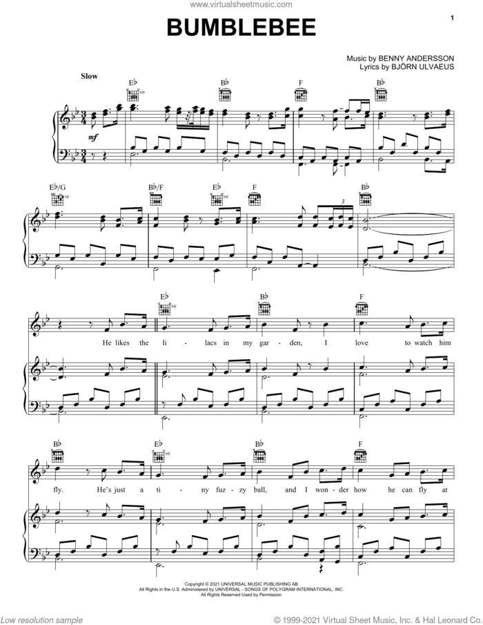 Bumblebee sheet music for voice, piano or guitar by ABBA, Benny Andersson and Bjorn Ulvaeus, intermediate skill level