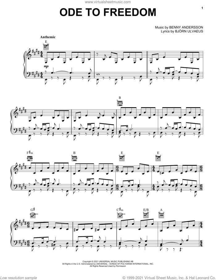Ode To Freedom sheet music for voice, piano or guitar by ABBA, Benny Andersson and Bjorn Ulvaeus, intermediate skill level