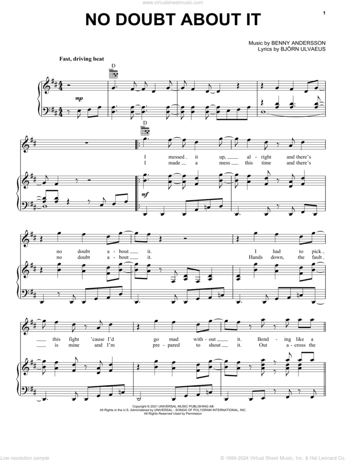 No Doubt About It sheet music for voice, piano or guitar by ABBA, Benny Andersson and Bjorn Ulvaeus, intermediate skill level