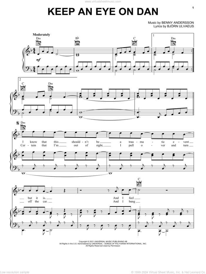 Keep An Eye On Dan sheet music for voice, piano or guitar by ABBA, Benny Andersson and Bjorn Ulvaeus, intermediate skill level
