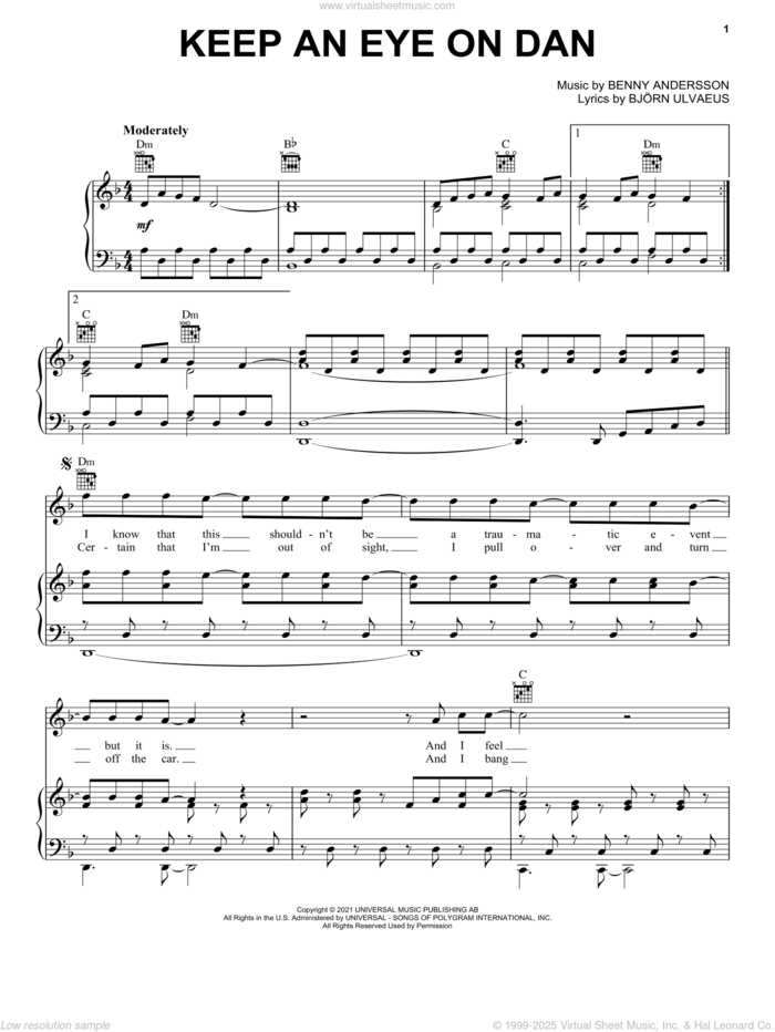 Keep An Eye On Dan sheet music for voice, piano or guitar by ABBA, Benny Andersson and Bjorn Ulvaeus, intermediate skill level