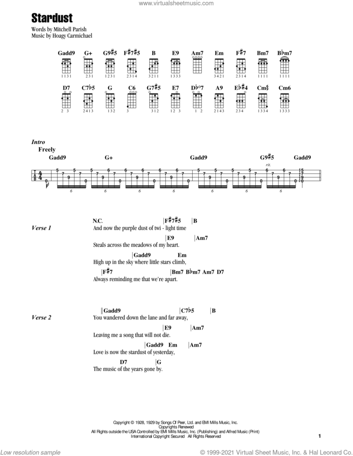 Stardust (feat. Willie Nelson) sheet music for ukulele by Jake Shimabukuro, Artie Shaw, Hoagy Carmichael and Mitchell Parish, intermediate skill level
