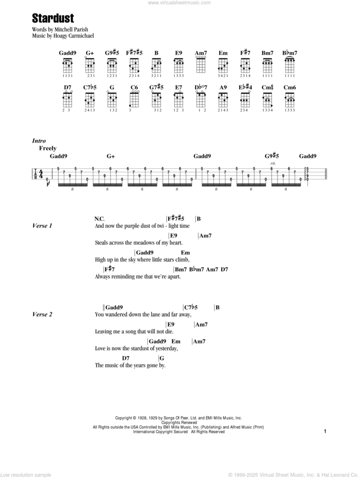 Stardust (feat. Willie Nelson) sheet music for ukulele by Jake Shimabukuro, Artie Shaw, Hoagy Carmichael and Mitchell Parish, intermediate skill level