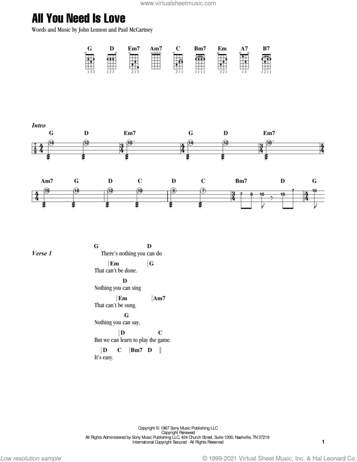 All You Need Is Love (feat. Ziggy Marley) sheet music for ukulele by Jake Shimabukuro, The Beatles, John Lennon and Paul McCartney, intermediate skill level