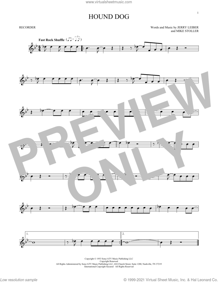 Hound Dog sheet music for recorder solo by Elvis Presley, Jerry Leiber and Mike Stoller, intermediate skill level