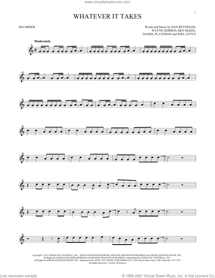 Whatever It Takes sheet music for recorder solo by Imagine Dragons, Ben McKee, Dan Reynolds, Daniel Platzman, Joel Little and Wayne Sermon, intermediate skill level