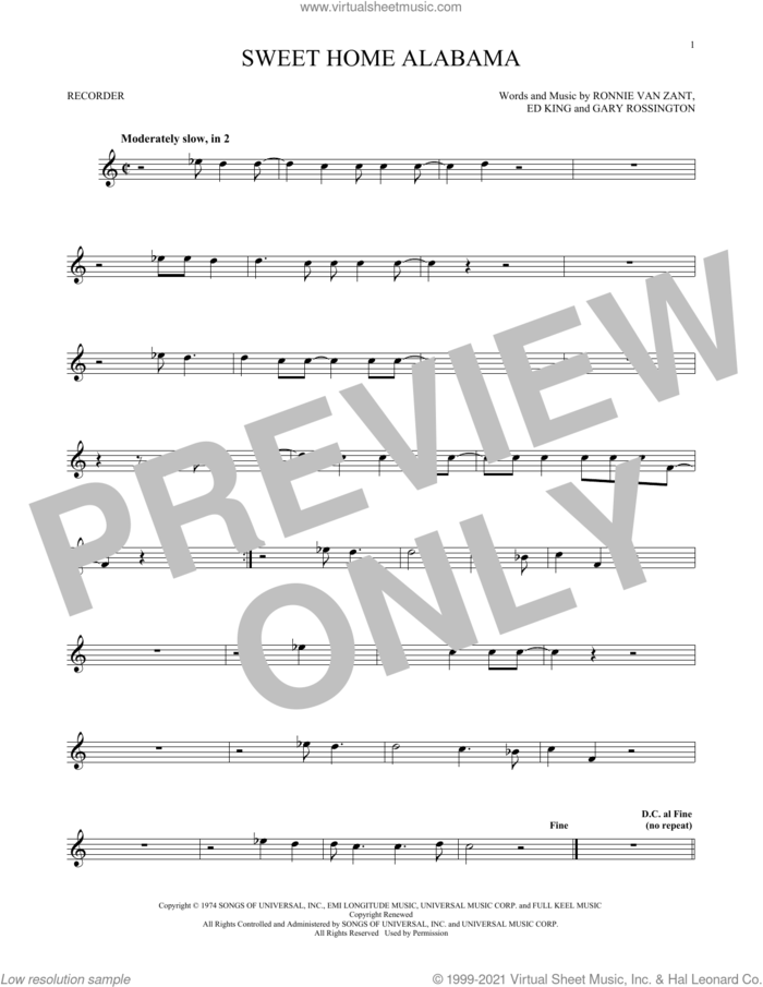 Sweet Home Alabama sheet music for recorder solo by Lynyrd Skynyrd, Alabama, Edward King, Gary Rossington and Ronnie Van Zant, intermediate skill level