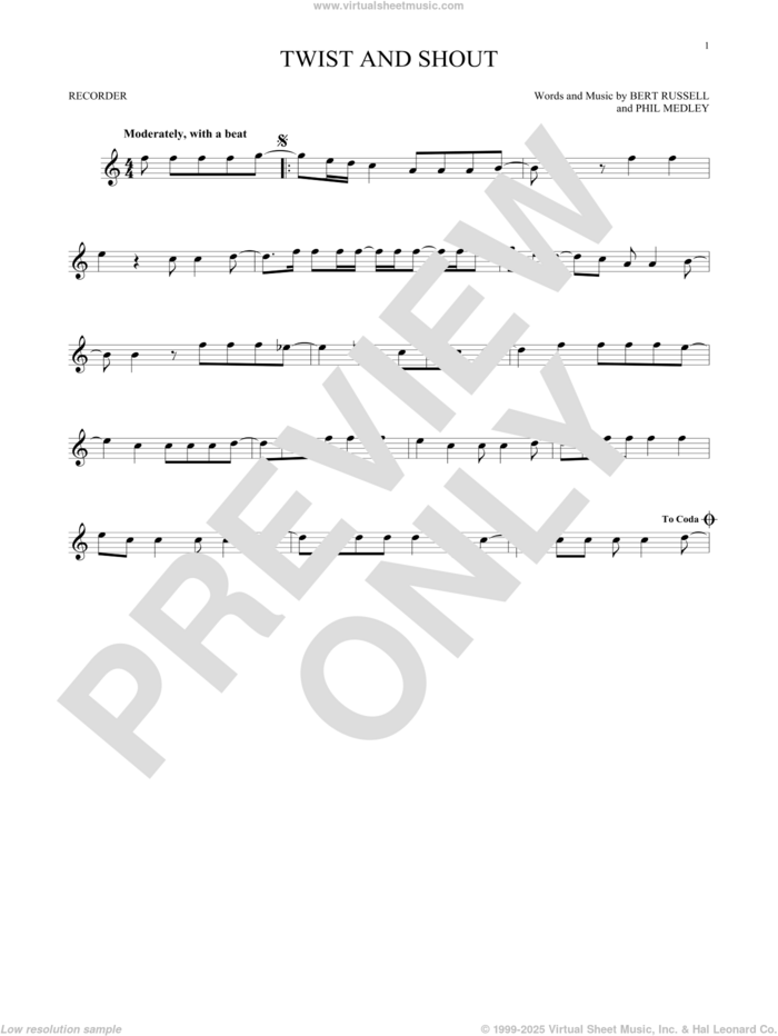 Twist And Shout sheet music for recorder solo by The Beatles, The Isley Brothers, Bert Russell and Phil Medley, intermediate skill level