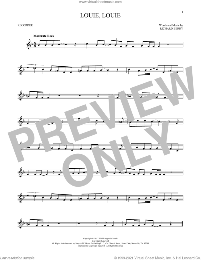 Louie, Louie sheet music for recorder solo by The Kingsmen and Richard Berry, intermediate skill level