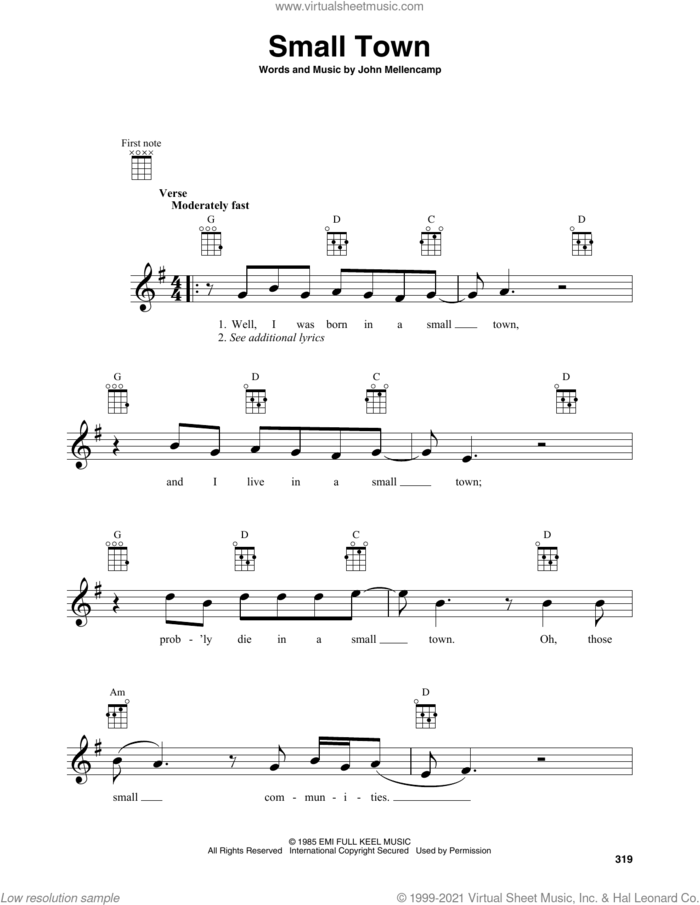 Small Town sheet music for baritone ukulele solo by John Mellencamp, intermediate skill level