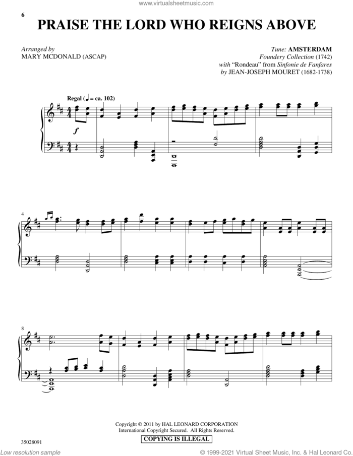 Praise The Lord Who Reigns Above (with 'Rondeau') sheet music for piano solo by Foundery Collection, Jean-Joseph Mouret and Mary McDonald, intermediate skill level