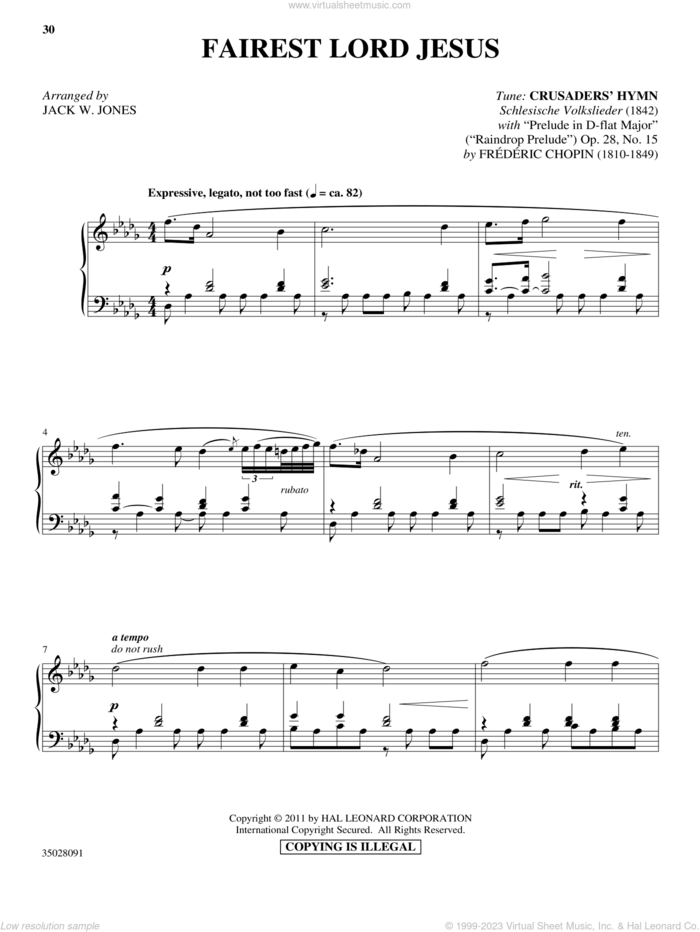 Fairest Lord Jesus (with 'Prelude in D-flat Major (Raindrop Prelude)') sheet music for piano solo by Frederic Chopin, Jack W. Jones and Schlesische Volkslieder, intermediate skill level
