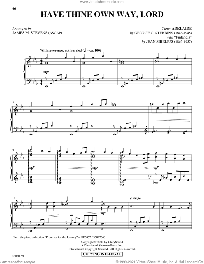 Have Thine Own Way, Lord (with 'Finlandia') sheet music for piano solo by Edvard Grieg, James M. Stevens and George C. Stebbins, intermediate skill level