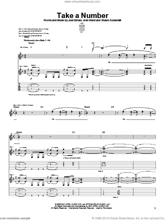 Take A Number sheet music for guitar (tablature) by Stone Sour, Joel Ekman, Josh Rand and Shawn Economaki, intermediate skill level
