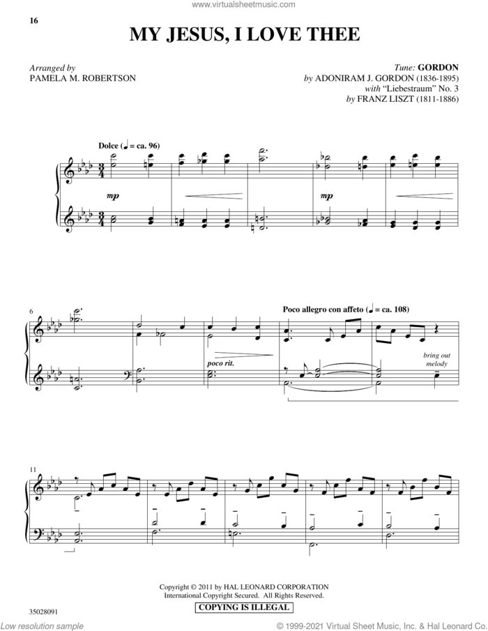 My Jesus, I Love Thee (with 'Liebestraum') sheet music for piano solo by Franz Liszt, Pamela Robertson and Adoniram J. Gordon, intermediate skill level