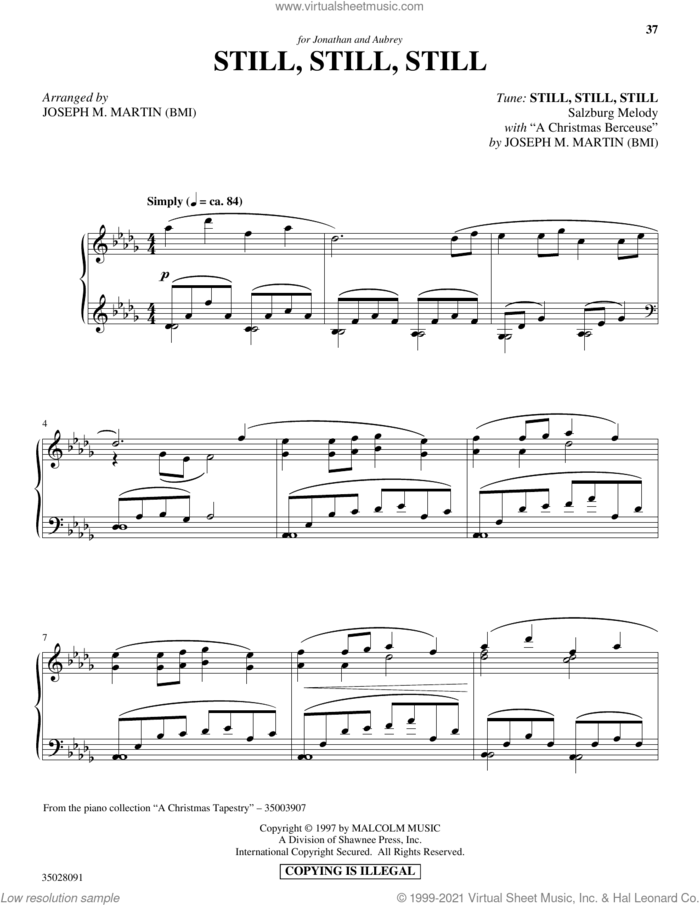 Still, Still, Still (with 'A Christmas Berceuse') sheet music for piano solo by Salzburg Melody c.1819 and Joseph M. Martin, intermediate skill level
