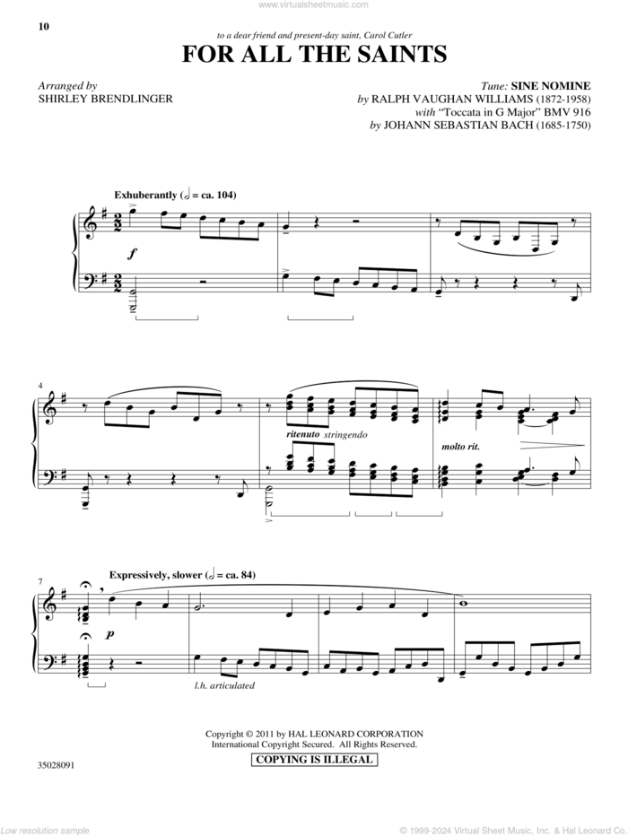 For All The Saints (with 'Toccata in G Major') sheet music for piano solo by Johann Sebastian Bach, Shirley Brendlinger and Ralph Vaughan Williams, intermediate skill level