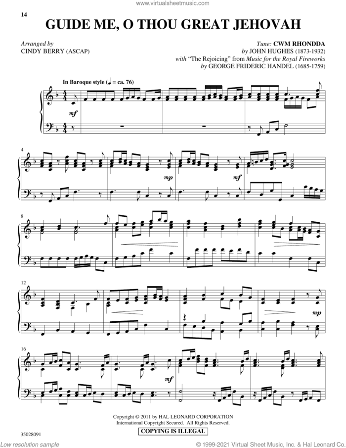 Guide Me, O Thou Great Jehovah (with 'The Rejoicing') sheet music for piano solo by George Frideric Handel, Cindy Berry and John Hughes, intermediate skill level