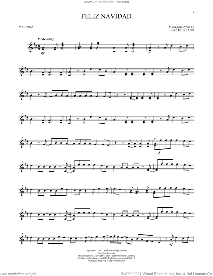 Feliz Navidad sheet music for Marimba Solo by Jose Feliciano and Will Rapp, intermediate skill level