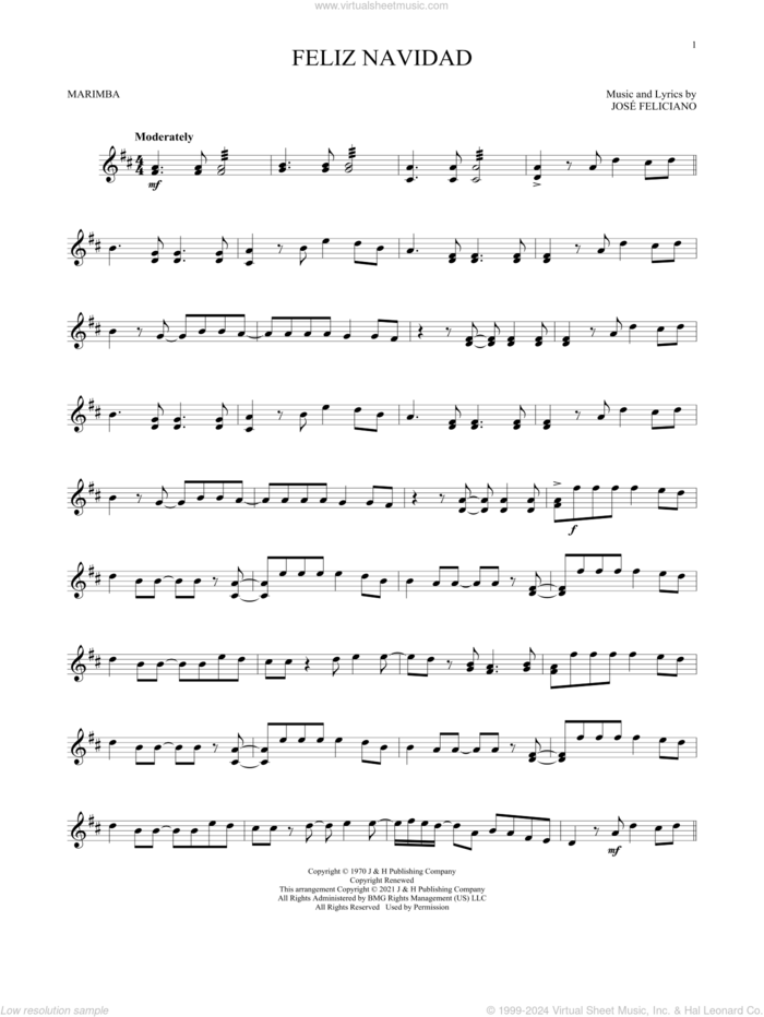 Feliz Navidad sheet music for Marimba Solo by Jose Feliciano and Will Rapp, intermediate skill level