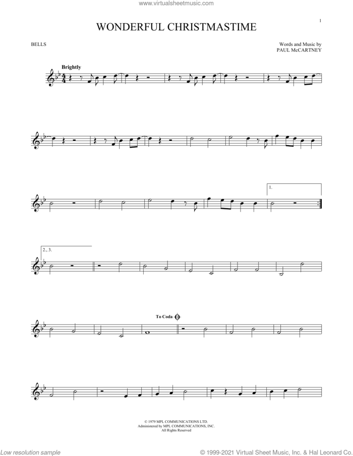 Wonderful Christmastime sheet music for Hand Bells Solo (bell solo) by Paul McCartney, intermediate Hand Bells Solo (bell)