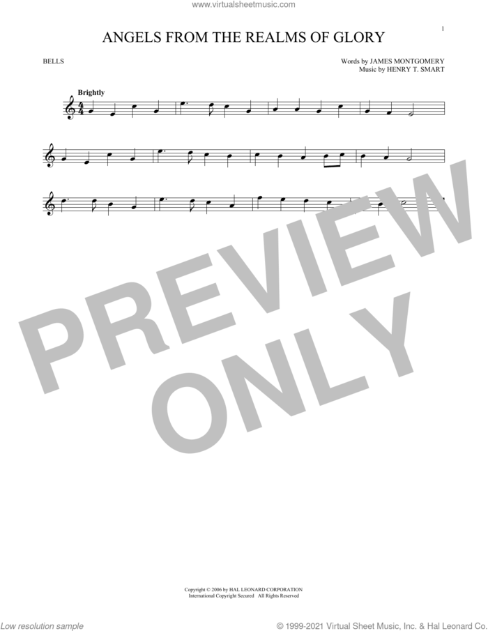 Angels From The Realms Of Glory sheet music for Hand Bells Solo (bell solo) by James Montgomery and Henry T. Smart, intermediate Hand Bells Solo (bell)